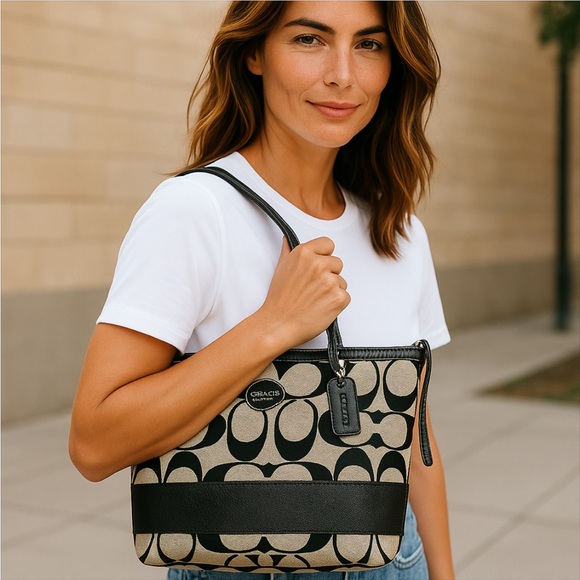 COACH Vintage Luxury Signature Canvas Stripe Canvas Tote in Black/Gray - Picture 2 of 16